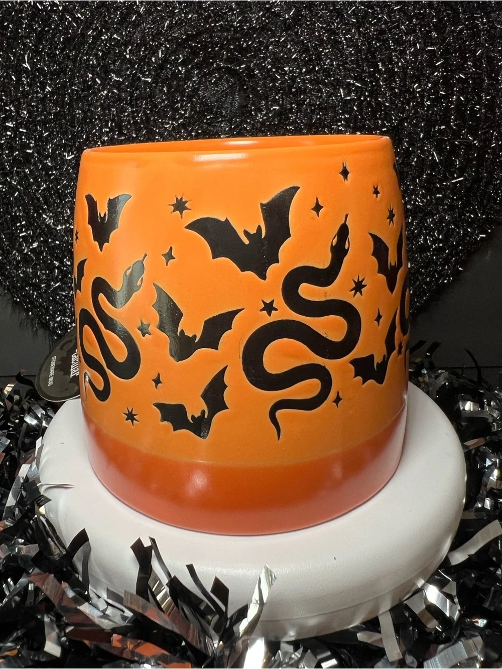Halloween Orange Stoneware Mug with Black Bats & Snakes Large